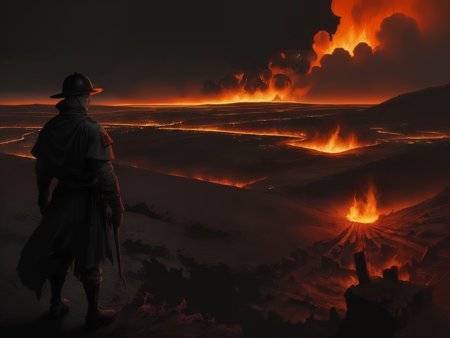 00052-3585285267-soldier portrait, horror battlefield landscape, Top view, (blood,_1.2), night, medieval city on fire in the background, wildfire.jpg